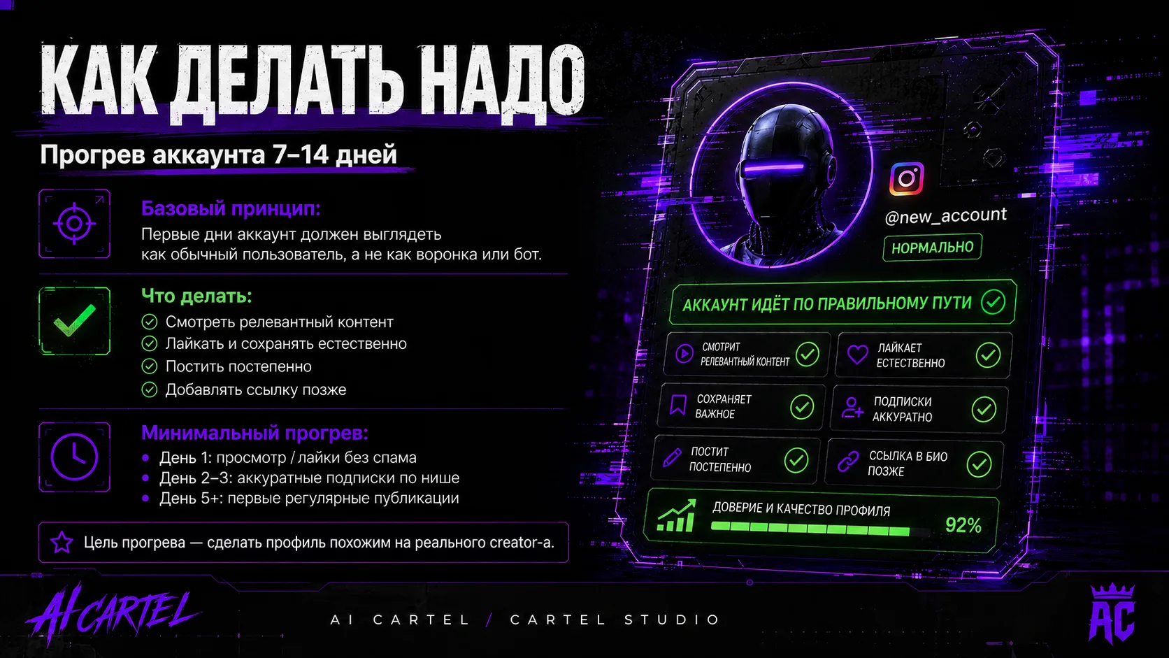 Как делать надо: прогрев Instagram аккаунта 7-14 дней через естественный просмотр, лайки, сохранения и постепенный постинг.