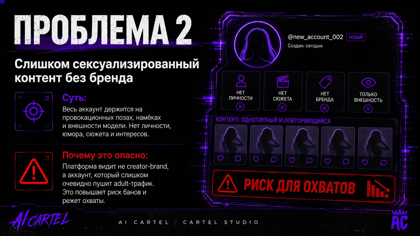 Проблема 2: слишком сексуализированный контент без бренда, личности, сюжета и интересов в Instagram профиле.