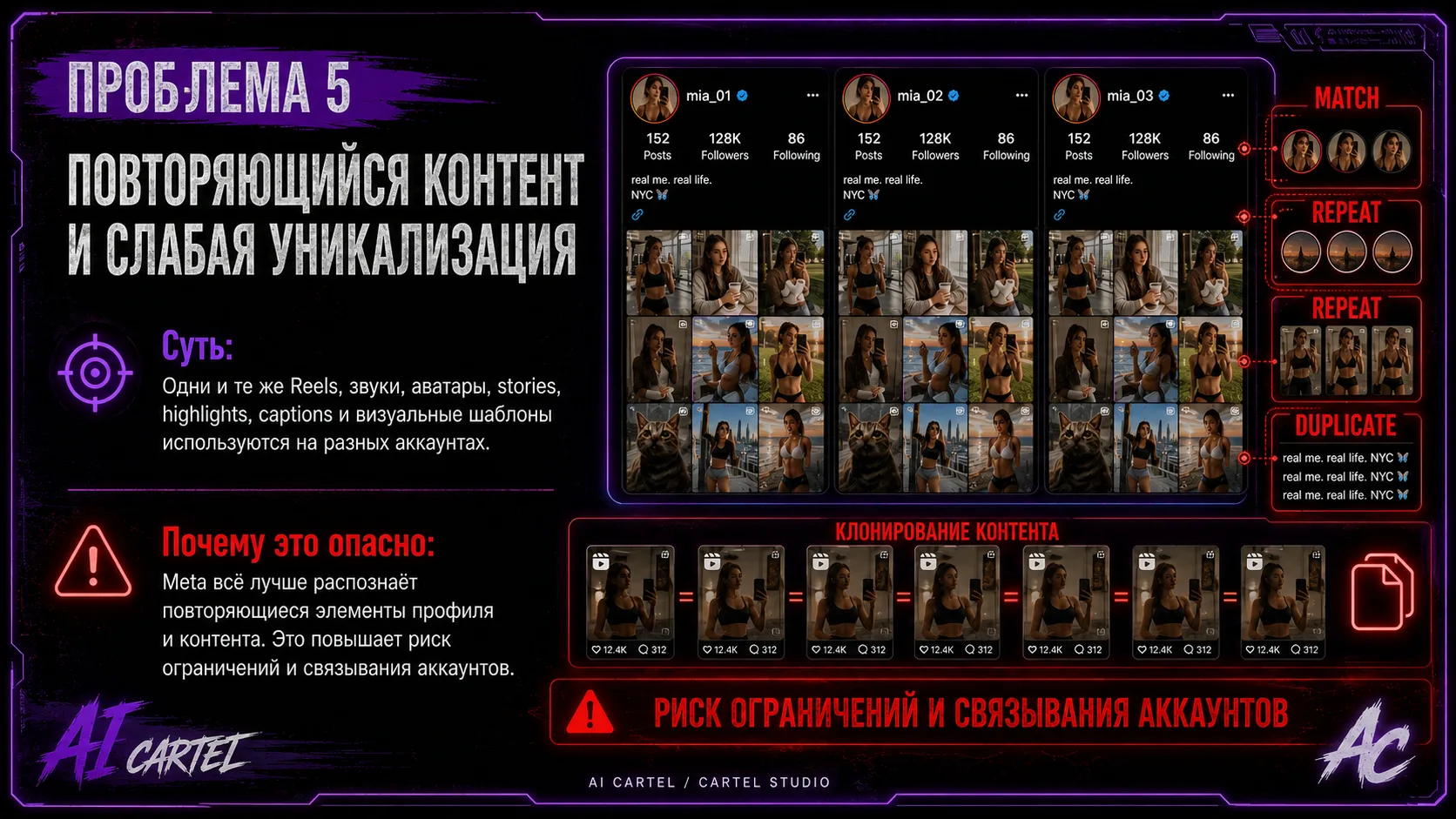 Проблема 5: повторяющийся контент и слабая уникализация Instagram Reels, аватаров, stories, highlights и captions.