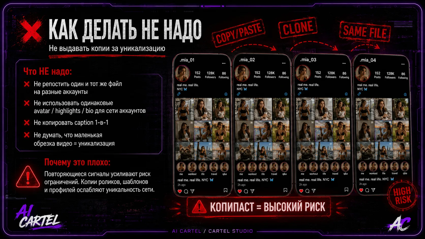 Как делать не надо: копировать один и тот же файл, аватар, bio, highlights и caption на сеть Instagram аккаунтов.